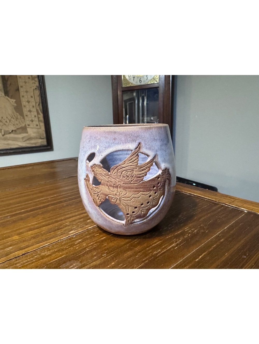 Signed Studio Pottery Angel Luminary Votive Candle Holder Pierced Ceramic 4.75”
